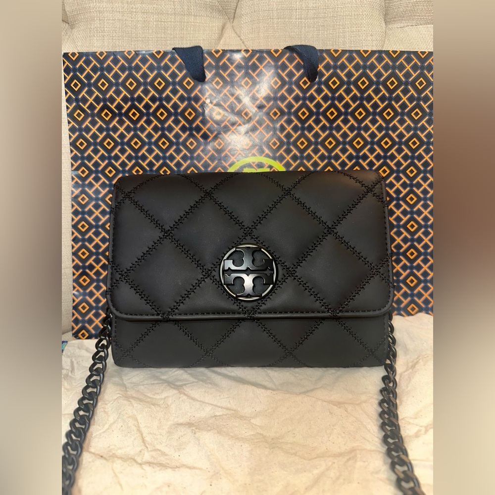 🖤✨Tory Burch Matte Black Convertible Crossbody Wallet on Chain Clutch 🆓 SHIPPING